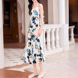 High-End Imitation Acetate Print Dress Spring and Summer 2024 New Elegant Sexy V-neck Sleeveless Suspender Dress