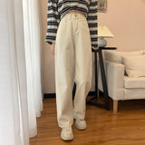 2025 New Korean Style Retro White Jeans Women's Loose Straight Dad Trousers Slim All-Match Wide Leg Pants