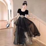 Black evening dress women's 2025 new banquet long-sleeved  winter vocal art test skirt light luxury niche dress