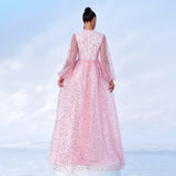 2025 high-end temperament long-sleeved V-neck long sequined banquet big pendulum evening dress bridesmaid dress women