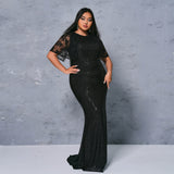 2025 Popular trade Popular,  and the United States fat mm large size women's clothing long short-sleeved round neck banquet sequined big swing evening dress dress