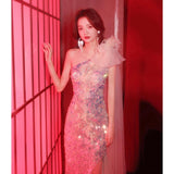 Shoulder sequined evening dress skirt women haute couture design sense style light luxury niche host banquet temperament party flash spring