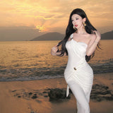 2025 Sexy royal sister temperament streamer slim slanted shoulder dress women's  high-end tube top long dress split fork fishtail skirt