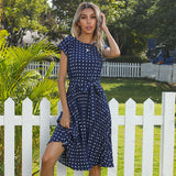 NAMCOVERSE Independent Station Cross-Border Summer Hot Sale European and American Mid-Length Dress Short Sleeve Lace-up Polka Dots Pleated Dress