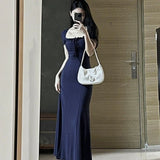 Summer Hot Girl Blue Square Collar Short Sleeve Dress Women's Small Slim Fit Sexy Pure Want to Waist A- line Long Skirt