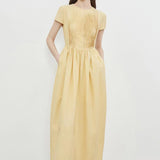 2025 yellow heavy industry pleated waist dress women's popular summer new small flying sleeve splicing dress