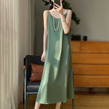 Silk 2024 Summer Women's New V-neck Slim Fit Inner Wear Dress Satin Sexy Socialite Suspender Dress Long Skirt