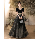 Black evening dress women's 2025 new banquet long-sleeved  winter vocal art test skirt light luxury niche dress