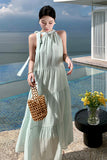 2025 Sweet bow strap neck dress women's summer new seaside vacation wind loose knee thin dress