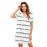 NAMCOVERSE  new 2025 New wavy striped printing casual loose short-sleeved lace dress lace nightdress women