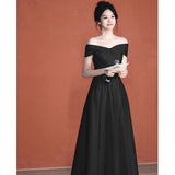 2025 One-word shoulder evening dress light luxury high sense banquet satin host art test dress temperament celebrity long dress spring