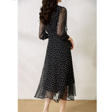 2025 Polka dot mulberry silk skirt  summer new V-neck long sleeves, medium and long silk dress temperament women's clothing