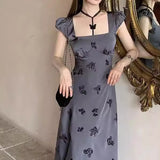 2025 Flocking butterfly flower, new Chinese heavy industry improved square neck dress, chic and beautiful short skirt, new in summer