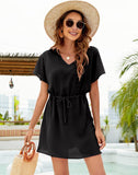 European and American Spring and Summer New Lady Sexy Short Sleeve Dress V-neck Casual Loose Beach Dress 2024