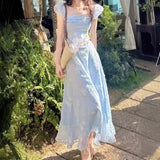 2025 fairy vacation wind embroidered blue dot dress women's new high waist and thin flying sleeve long dress summer