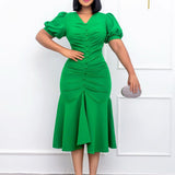 2025 D260  popular spring and summer new fashion temperament OL commuter solid color hip-wrapped ruffle African dress
