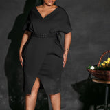 2025 D366 with belt 2025 women's clothing 's new fashion V-neck sexy split-ended dress Popular trade dress