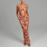 2025 New  summer hot-selling new fashionable and sexy printing suspender backless pleated long dress set