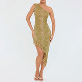 2025 New  summer hot-selling new sexy temperament fashion diagonal neck mesh splicing hip dress