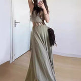 2025 popular summer V-neck niche high-end waist hollow large skirt dress women's floor-mopping dress