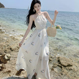 2025 Summer Thailand travel photo seaside vacation beach dress super fairy backless strap print suspender dress