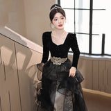 Black evening dress women's 2025 new banquet long-sleeved  winter vocal art test skirt light luxury niche dress
