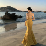 2025 Pure desire sexy slim dress long dress seaside vacation photo style lace jacquard fishtail dress dress