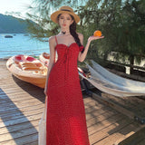 2025 Summer new pure desire red strap halter suspender floral dress women's waist thin seaside vacation dress