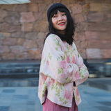 Spring new new Chinese pink printed top, national style disc buckle fleece cardigan, women's coat A1135