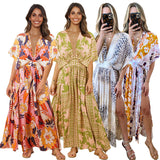 European and American Hot Trade  New Summer Women's New Batwing Sleeve V-neck Printed Beach Dress Sexy Dress