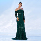 2025 new temperament one-word collar long-sleeved long sequined banquet fishtail evening dress bridesmaid dress dress