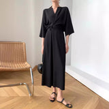 2025 2022 summer new women's clothing retro national style handmade buckle solid color v-neck dress high waist thin solid color dress