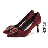 2025 775-9 square buckle rhinestone banquet red wedding shoes women's pointed head stiletto silk high heels bride bridesmaid Xiuhe shoes