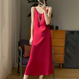 Silk 2024 Summer Women's New V-neck Slim Fit Inner Wear Dress Satin Sexy Socialite Suspender Dress Long Skirt