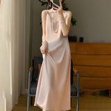 Silk 2024 Summer Women's New V-neck Slim Fit Inner Wear Dress Satin Sexy Socialite Suspender Dress Long Skirt