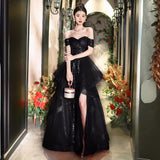 One-word shoulder black dress women's 2025 new spring high-end annual meeting host art test banquet light luxury evening dress