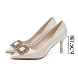 2025 775-9 square buckle rhinestone banquet red wedding shoes women's pointed head stiletto silk high heels bride bridesmaid Xiuhe shoes