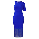 2025 D357 New 2025 Large Size Women's Clothing 2023 Summer New Solid Color Hip Wrap Fringed Pencil Dress African Dress