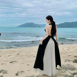 2025 Sanya island travel wear long dress seaside vacation pleated skirt sexy backless suit women's two-piece beach skirt