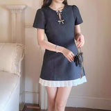2025 Thousand gold wind bow short-sleeved dress women's summer new high-end temperament waist and thin skirt