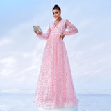 2025 high-end temperament long-sleeved V-neck long sequined banquet big pendulum evening dress bridesmaid dress women