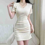 Pure Hot Girl V-neck Short Sleeve Dress Women's Summer Tight Elastic Pleated Hip Skirt Hollow-out Midriff Short Skirt