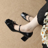 2025 Temperament fairy style bow square head Mary Jane shoes women's popular new spring light mouth thick heel high heels
