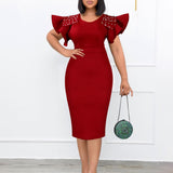 2025 Hot trade large size women's clothing popular new round neck lotus leaf sleeve slit nail bead hip wrap OL dress dress 2025 dress