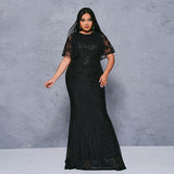 2025 Popular trade Popular,  and the United States fat mm large size women's clothing long short-sleeved round neck banquet sequined big swing evening dress dress