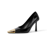 2025 Poplar forest with the same metal square head sexy thin heel single shoes women's black patent leather versatile one-pedal iron head high heels