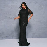 2025 Popular trade Popular,  and the United States fat mm large size women's clothing long short-sleeved round neck banquet sequined big swing evening dress dress