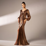 2025 new temperament V-neck long-sleeved long bronzing banquet hip-wrapped evening dress bridesmaid dress women