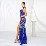 2025 new high-end temperament sleeveless neck sling banquet hip wrap sequined split evening dress dress