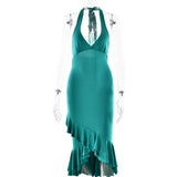 2025 style  summer new neck V-neck dress women's fashion temperament sexy Spice girl backless fishtail dress